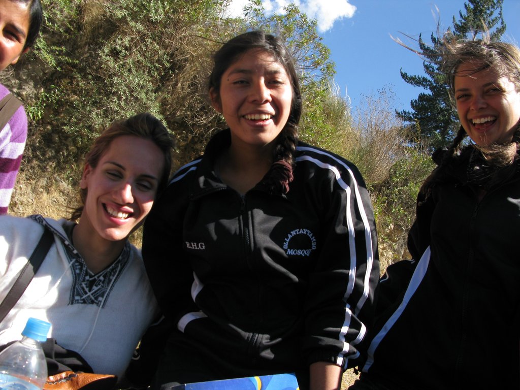 Elvira (centre) visits with friends.