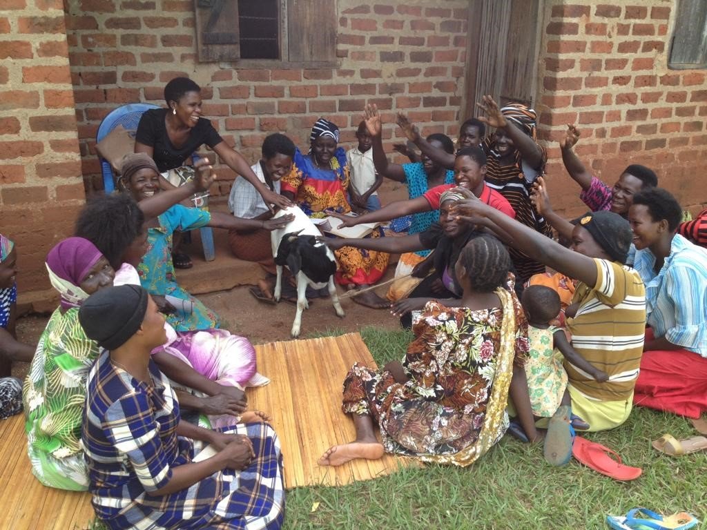 Women's group excitement upon receiving their goat