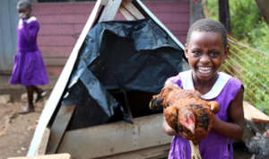 Nyaka Student holding chicken on the Desire Farm