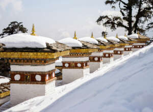 Stupas under the snow in Thimphu, Bhutan