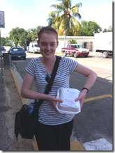 Katie carrying her blood in a styrofoam container