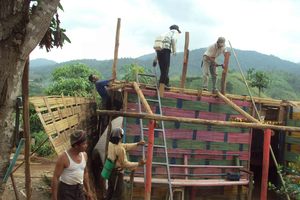 The new supporting beams being put into place