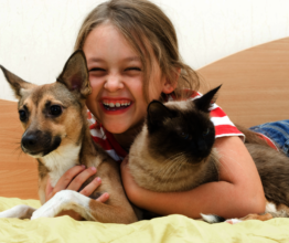 a happy young girl with a dog and a cat