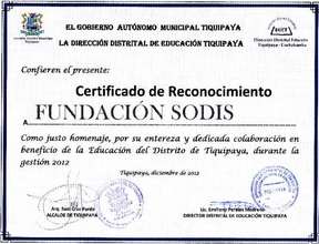 Certificate of recognition to the SODIS Foundation